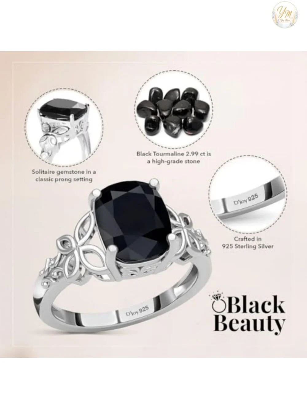 Genuine Black Tourmaline 925 Sterling Silver Statement Ring
